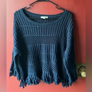 Orvis Navy Blue Crocheted 3/4 Sleeve Sweater with Fringe M Beautiful